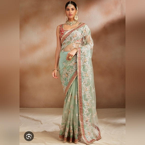 Lashkaraa Other - Lashkaraa Mint and Red Embroidered Net Ready-Made Saree